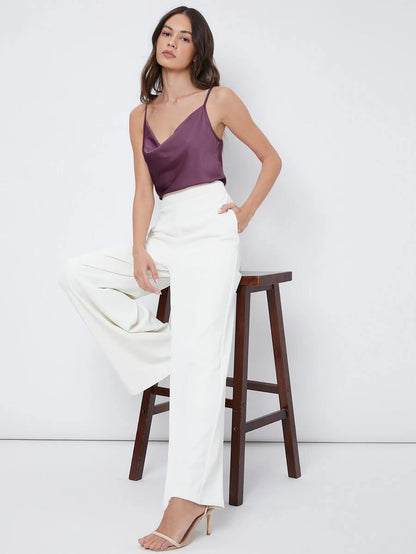 Rosemary Draped Cowl Neck Satin Cami Top with Spaghetti Straps - Mauve Purple