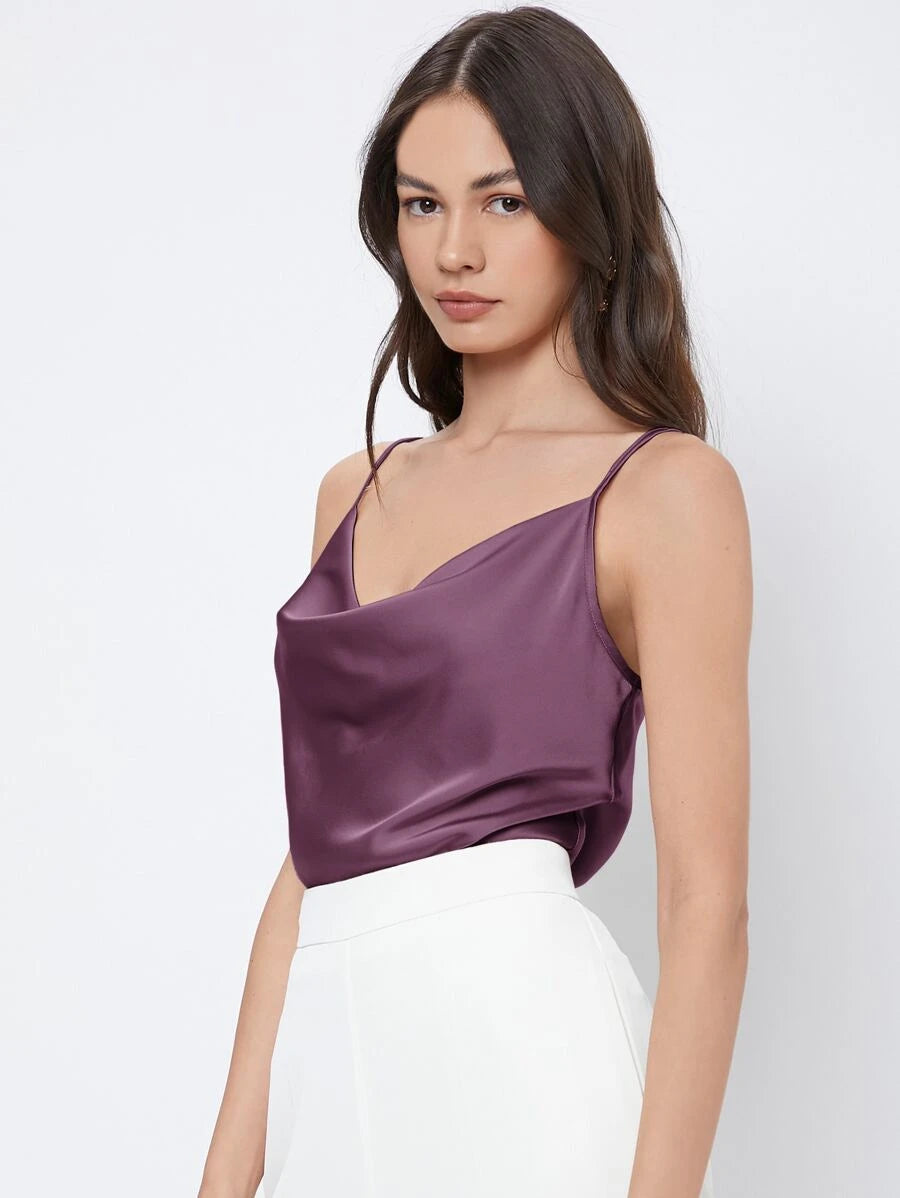Rosemary Draped Cowl Neck Satin Cami Top with Spaghetti Straps - Mauve Purple