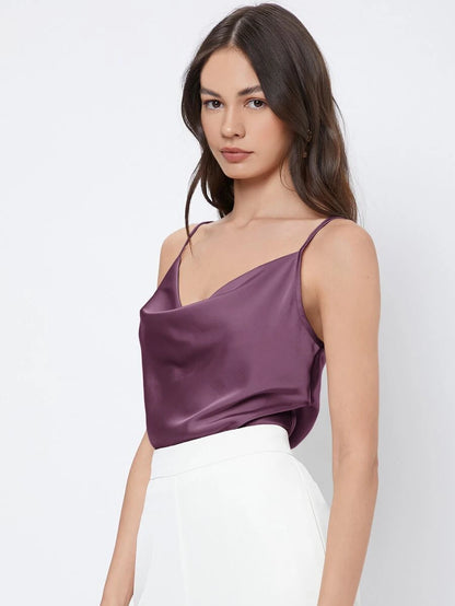 Rosemary Draped Cowl Neck Satin Cami Top with Spaghetti Straps - Mauve Purple