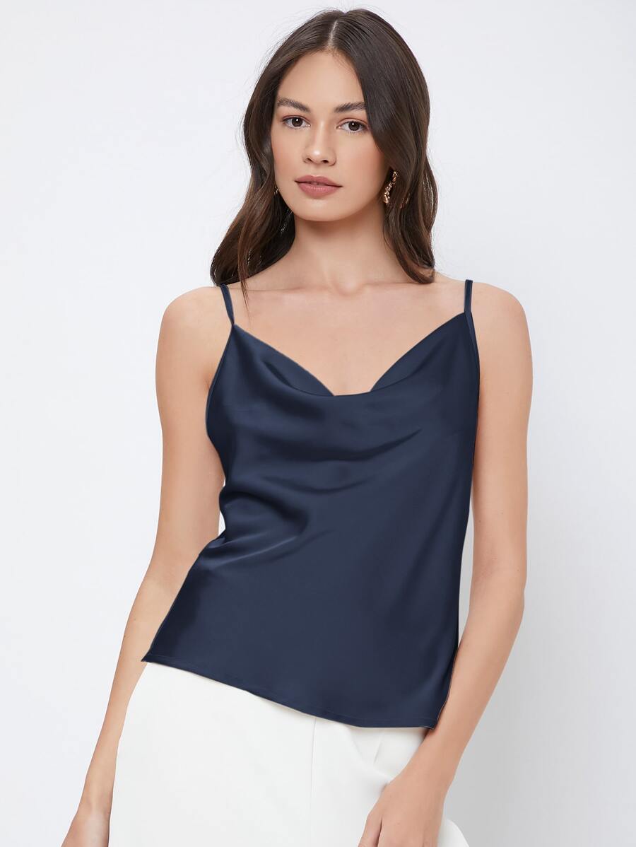 Rosemary Draped Cowl Neck Satin Cami Top with Spaghetti Straps - Navy Blue