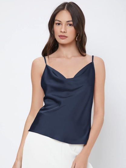 Rosemary Draped Cowl Neck Satin Cami Top with Spaghetti Straps - Navy Blue