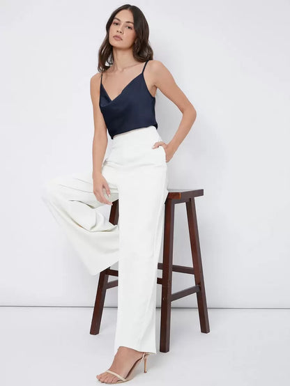 Rosemary Draped Cowl Neck Satin Cami Top with Spaghetti Straps - Navy Blue