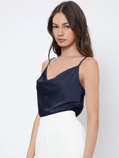Rosemary Draped Cowl Neck Satin Cami Top with Spaghetti Straps - Navy Blue