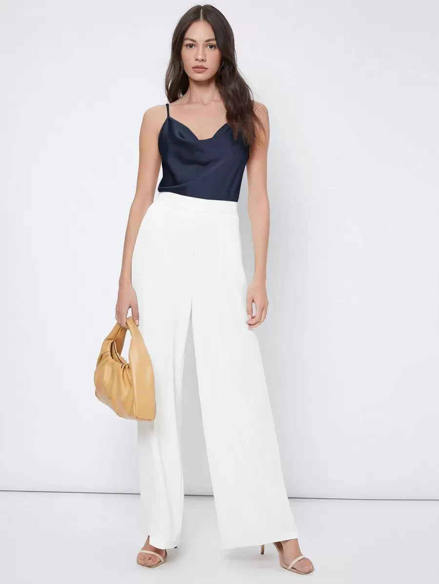 Rosemary Draped Cowl Neck Satin Cami Top with Spaghetti Straps - Navy Blue