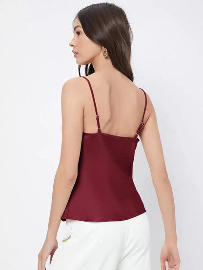 Rosemary Draped Cowl Neck Satin Cami Top with Spaghetti Straps - Burgundy