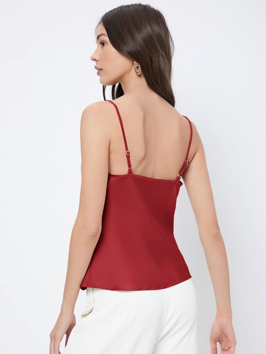 Rosemary Draped Cowl Neck Satin Cami Top with Spaghetti Straps - Red