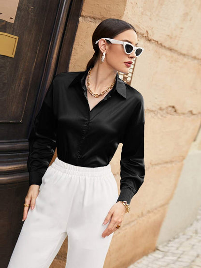 Women's Satin Button Front Long Sleeve Shirt, Silky Stretch Blouse for Work and Evening - Black