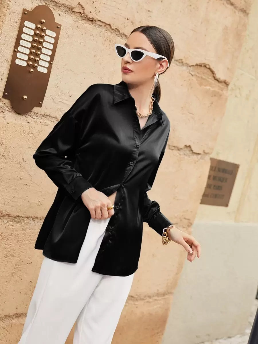 Women's Satin Button Front Long Sleeve Shirt, Silky Stretch Blouse for Work and Evening - Pink