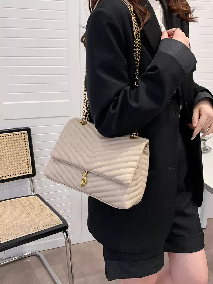 Annecy Chevron Quilted Chain Strap Crossbody Bag - Apricot