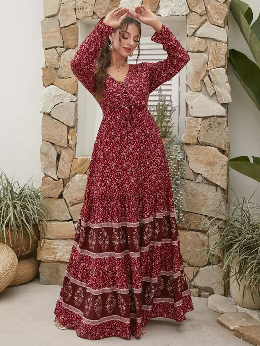 Breezaya Front Lace Up Long Sleeve Pleated All-Over Print Maxi Casual Dress For New Year Clothes Fall Cloth For Women Mensa