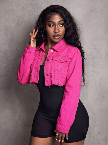 Hazel Distressed Crop Button Denim Jacket - Pink