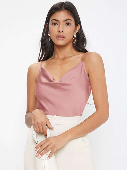 Rosemary Draped Cowl Neck Satin Cami Top with Spaghetti Straps - Dusty Pink