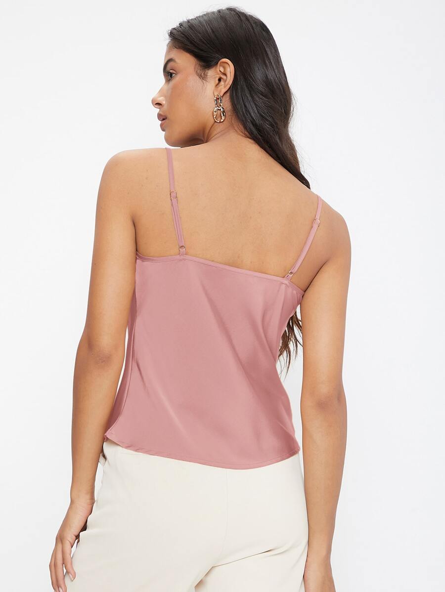 Rosemary Draped Cowl Neck Satin Cami Top with Spaghetti Straps - Dusty Pink