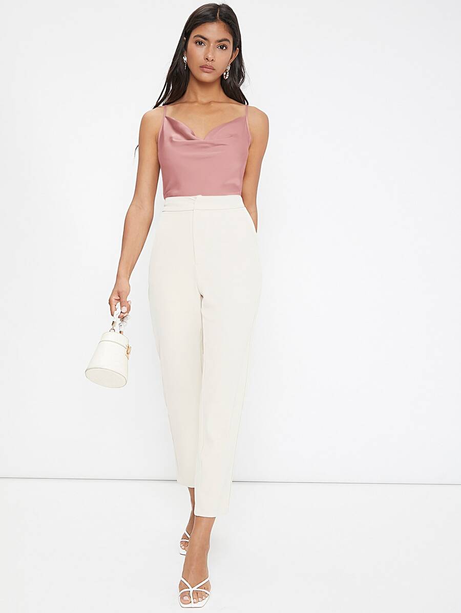 Rosemary Draped Cowl Neck Satin Cami Top with Spaghetti Straps - Dusty Pink
