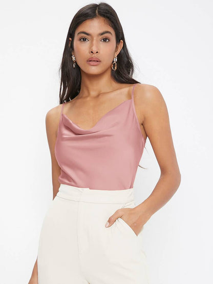 Rosemary Draped Cowl Neck Satin Cami Top with Spaghetti Straps - Dusty Pink