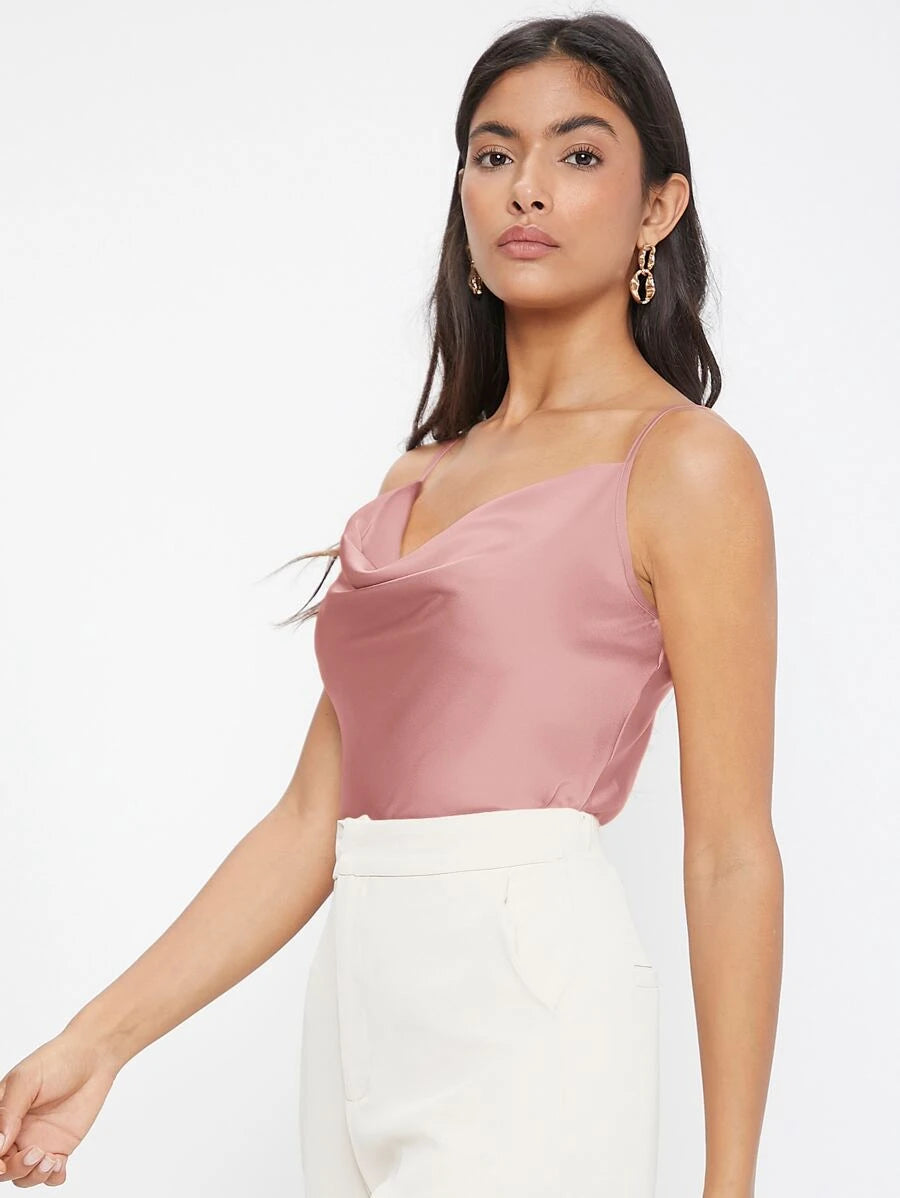 Rosemary Draped Cowl Neck Satin Cami Top with Spaghetti Straps - Dusty Pink