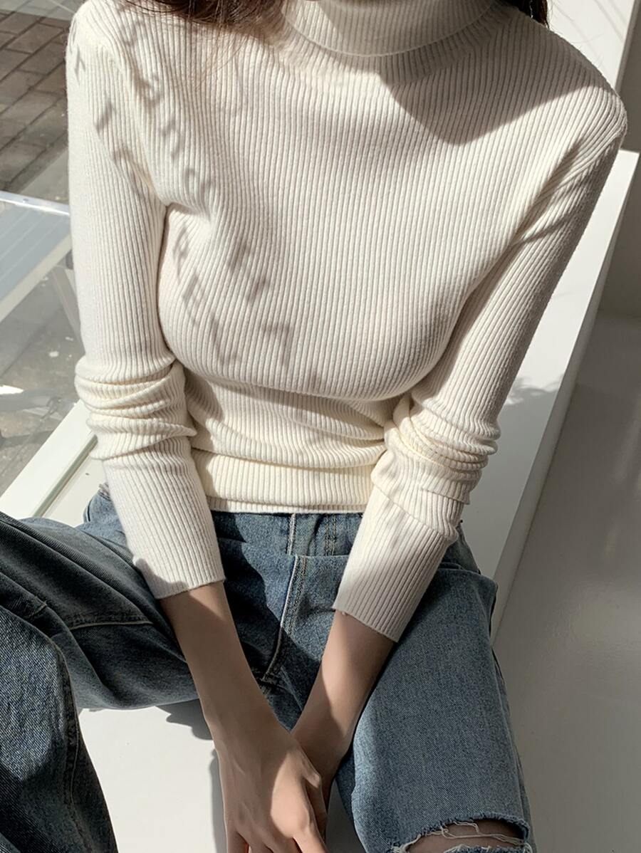 Tamsin Fitted Ribbed Turtleneck Sweater Long Sleeve Pullover - Cream