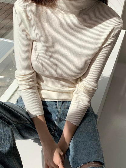 Tamsin Fitted Ribbed Turtleneck Sweater Long Sleeve Pullover - Cream