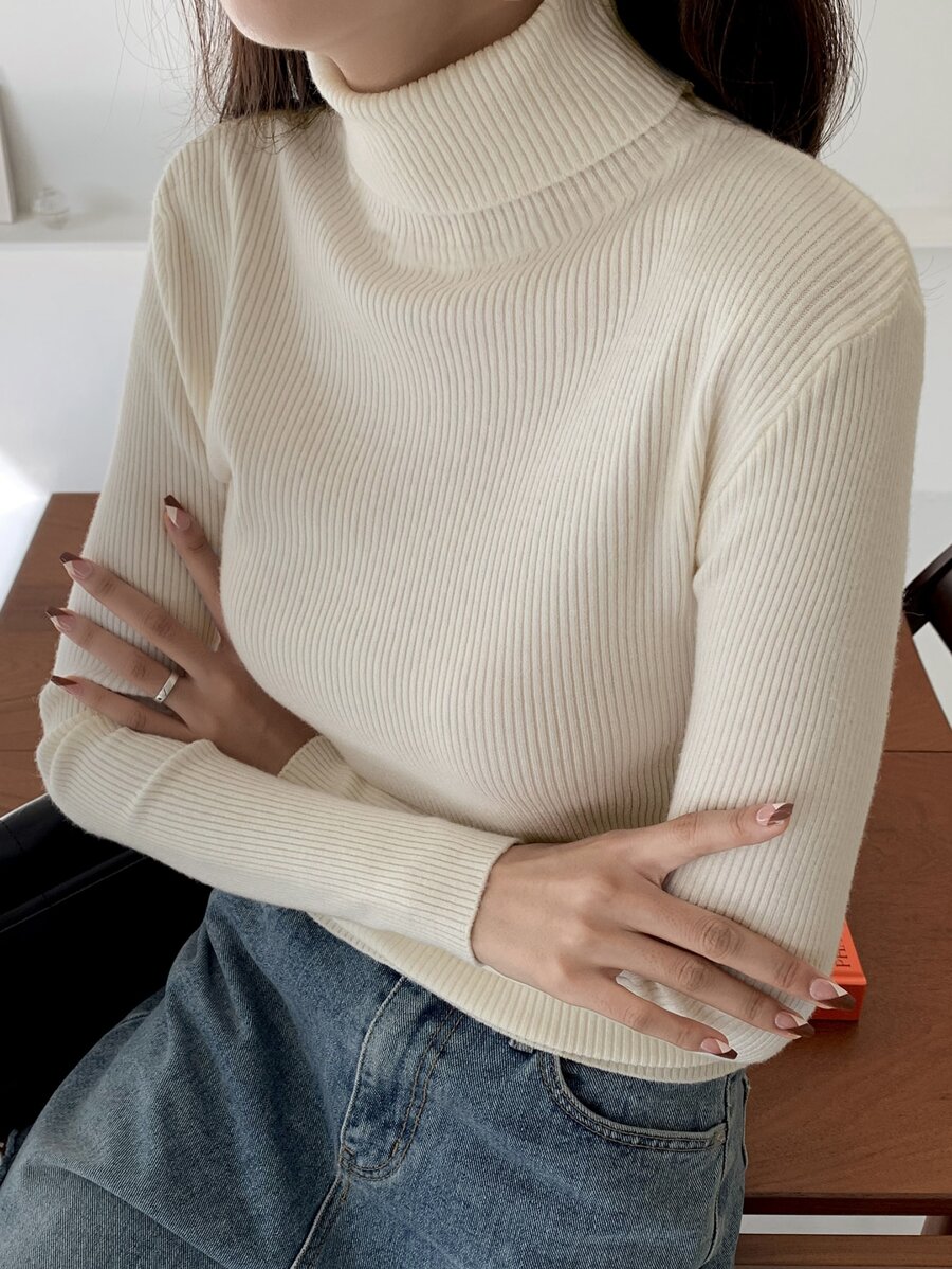 Tamsin Fitted Ribbed Turtleneck Sweater Long Sleeve Pullover - Cream