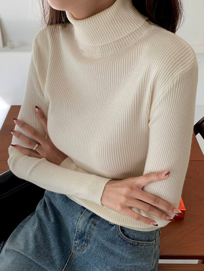 Tamsin Fitted Ribbed Turtleneck Sweater Long Sleeve Pullover - Cream