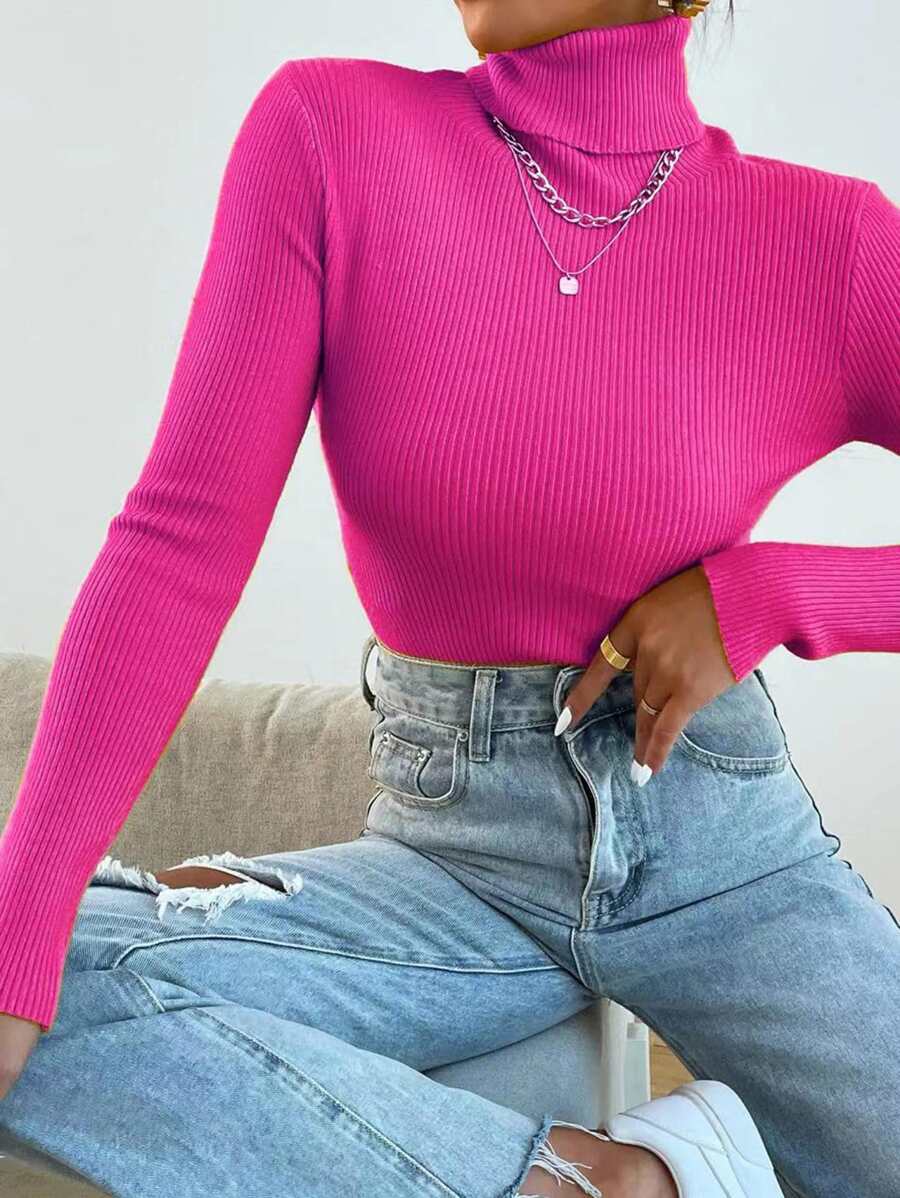 Nicolette Slim Fit Ribbed Knit Turtleneck Long Sleeve Sweater - Hot Pink