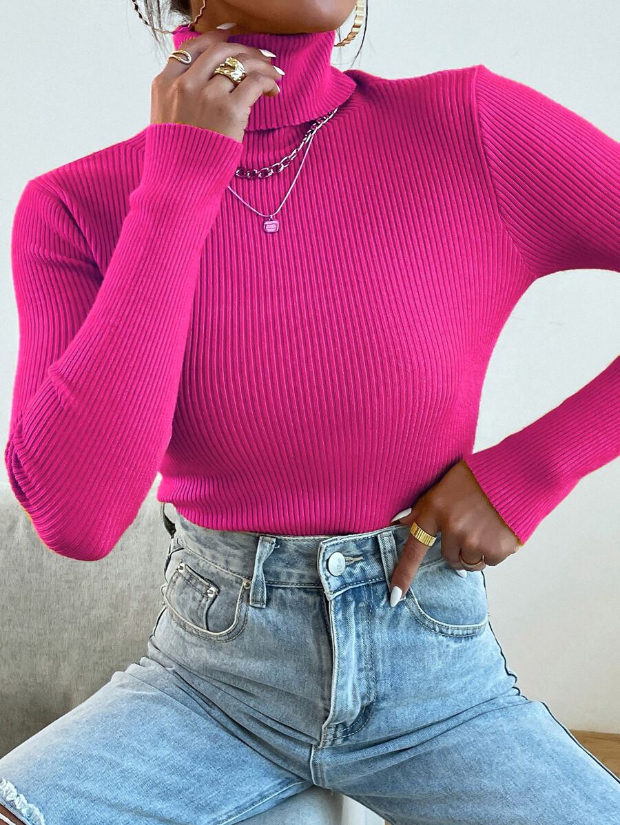 Nicolette Slim Fit Ribbed Knit Turtleneck Long Sleeve Sweater - Dusty Pink
