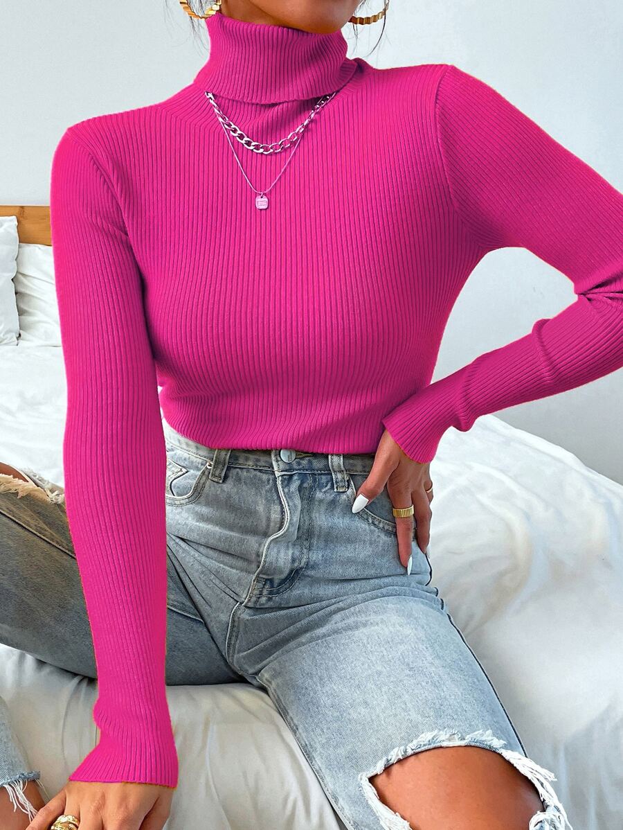 Nicolette Slim Fit Ribbed Knit Turtleneck Long Sleeve Sweater - Coffee Brown
