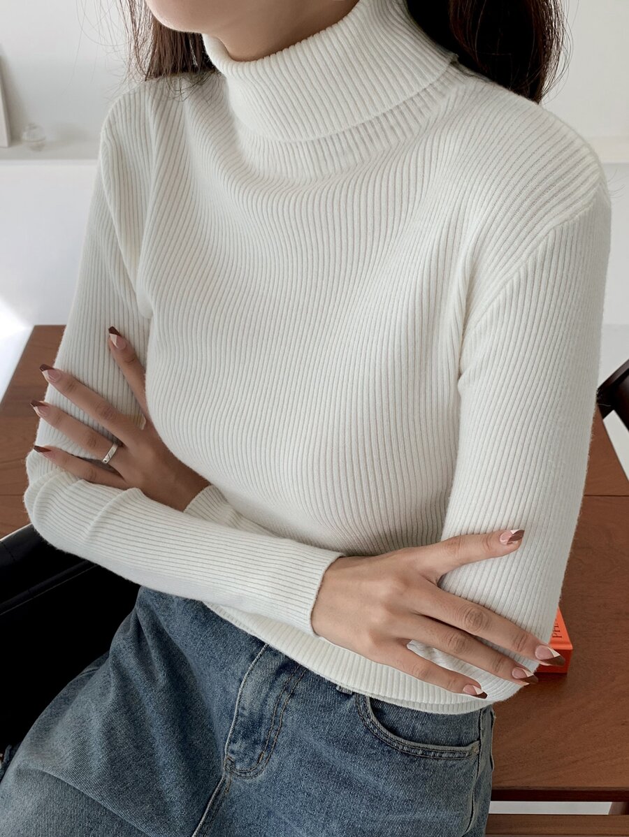 Tamsin Fitted Ribbed Turtleneck Sweater Long Sleeve Pullover - White