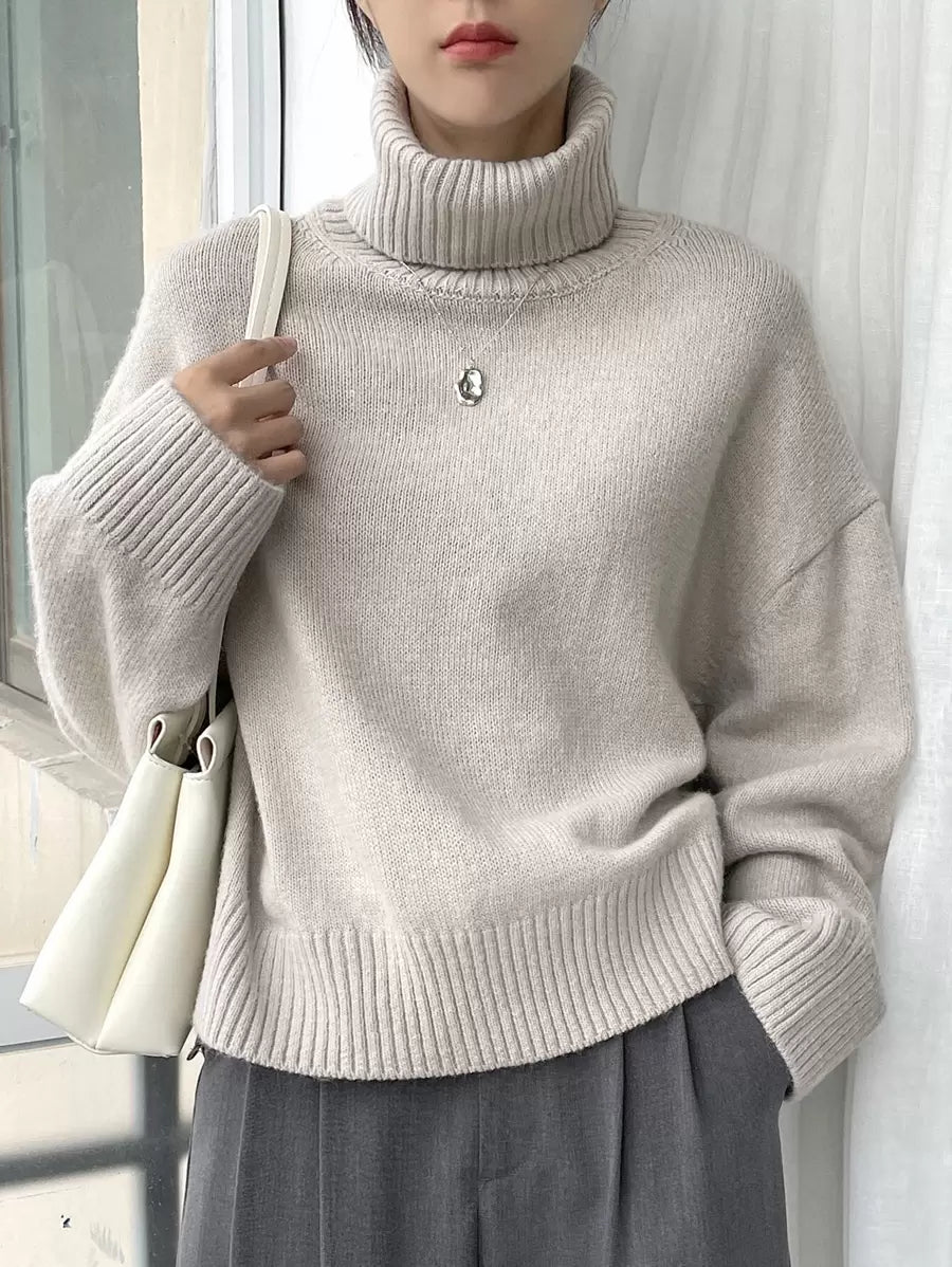 Lofoten Oversized Turtleneck Drop Shoulder Knit Sweater - Light Grey