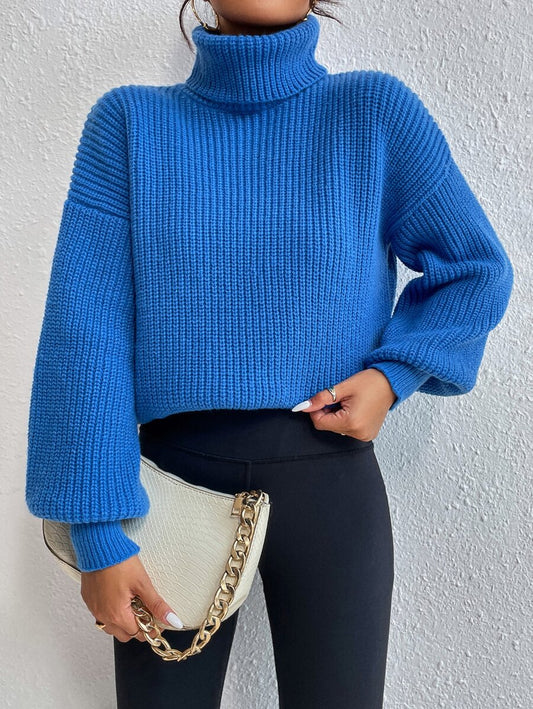 Wilhelmina Rib Knit Turtleneck Drop Shoulder Pullover Sweater - Black