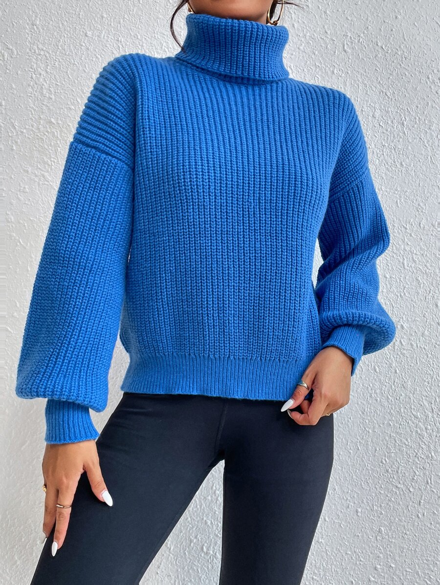 Wilhelmina Rib Knit Turtleneck Drop Shoulder Pullover Sweater - Army Green