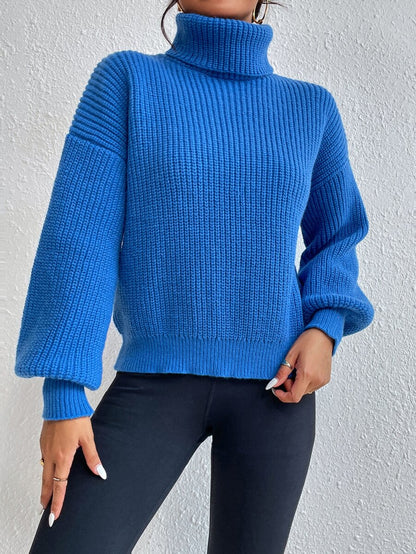 Wilhelmina Rib Knit Turtleneck Drop Shoulder Pullover Sweater - Army Green