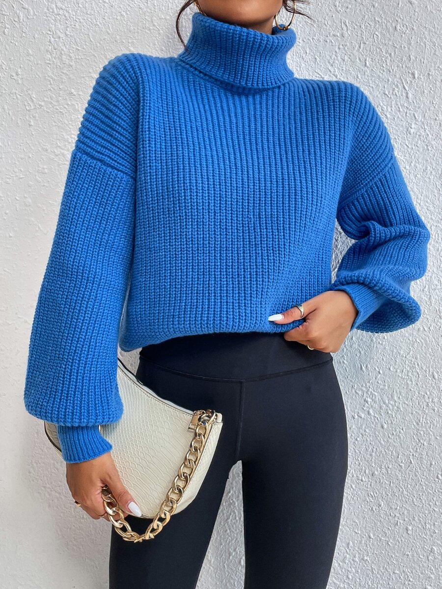 Wilhelmina Rib Knit Turtleneck Drop Shoulder Pullover Sweater - Beige