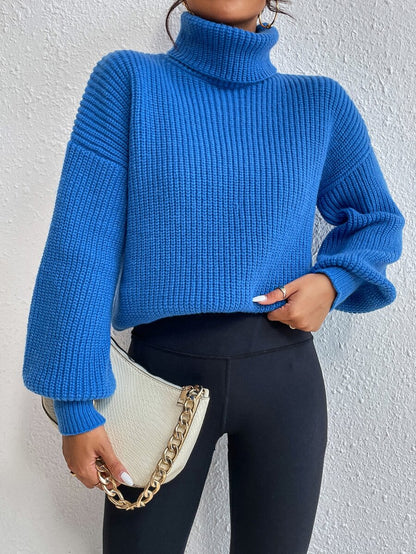 Wilhelmina Rib Knit Turtleneck Drop Shoulder Pullover Sweater - Beige