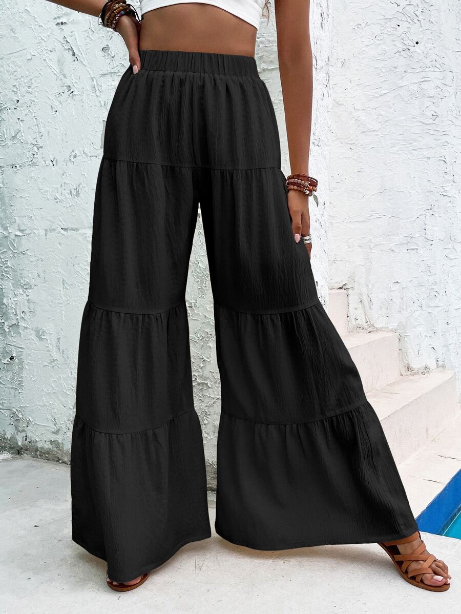 Giselle Tiered Ruffle Hem Elastic Waist Wide Leg Pants - Black