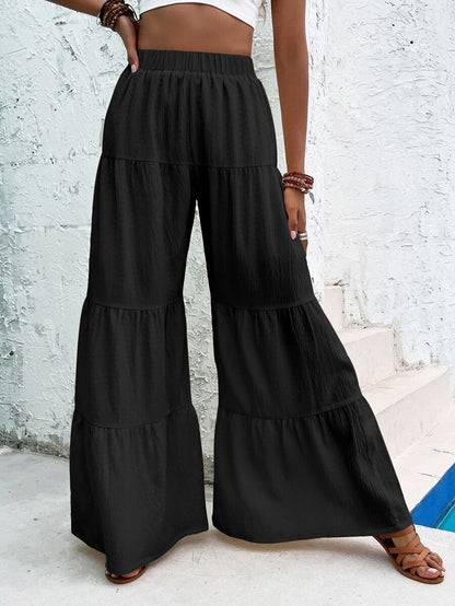 Giselle Tiered Ruffle Hem Elastic Waist Wide Leg Pants - Black