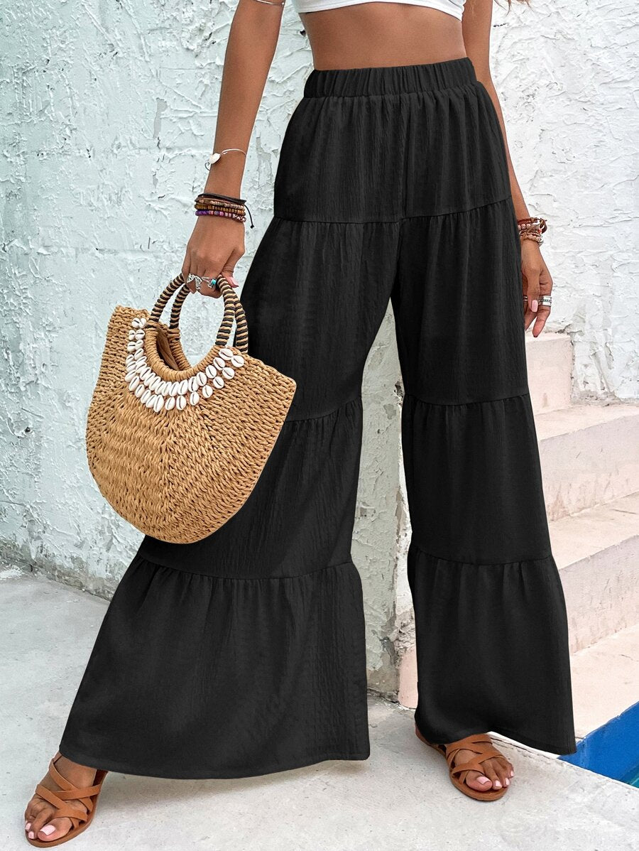 Giselle Tiered Ruffle Hem Elastic Waist Wide Leg Pants - Black