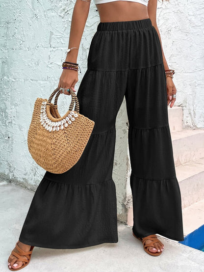 Giselle Tiered Ruffle Hem Elastic Waist Wide Leg Pants - Black