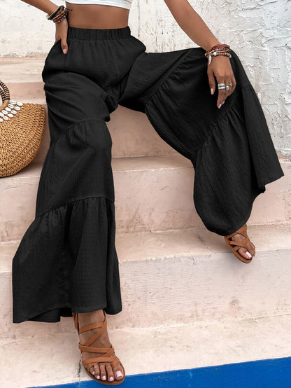 Giselle Tiered Ruffle Hem Elastic Waist Wide Leg Pants - Black