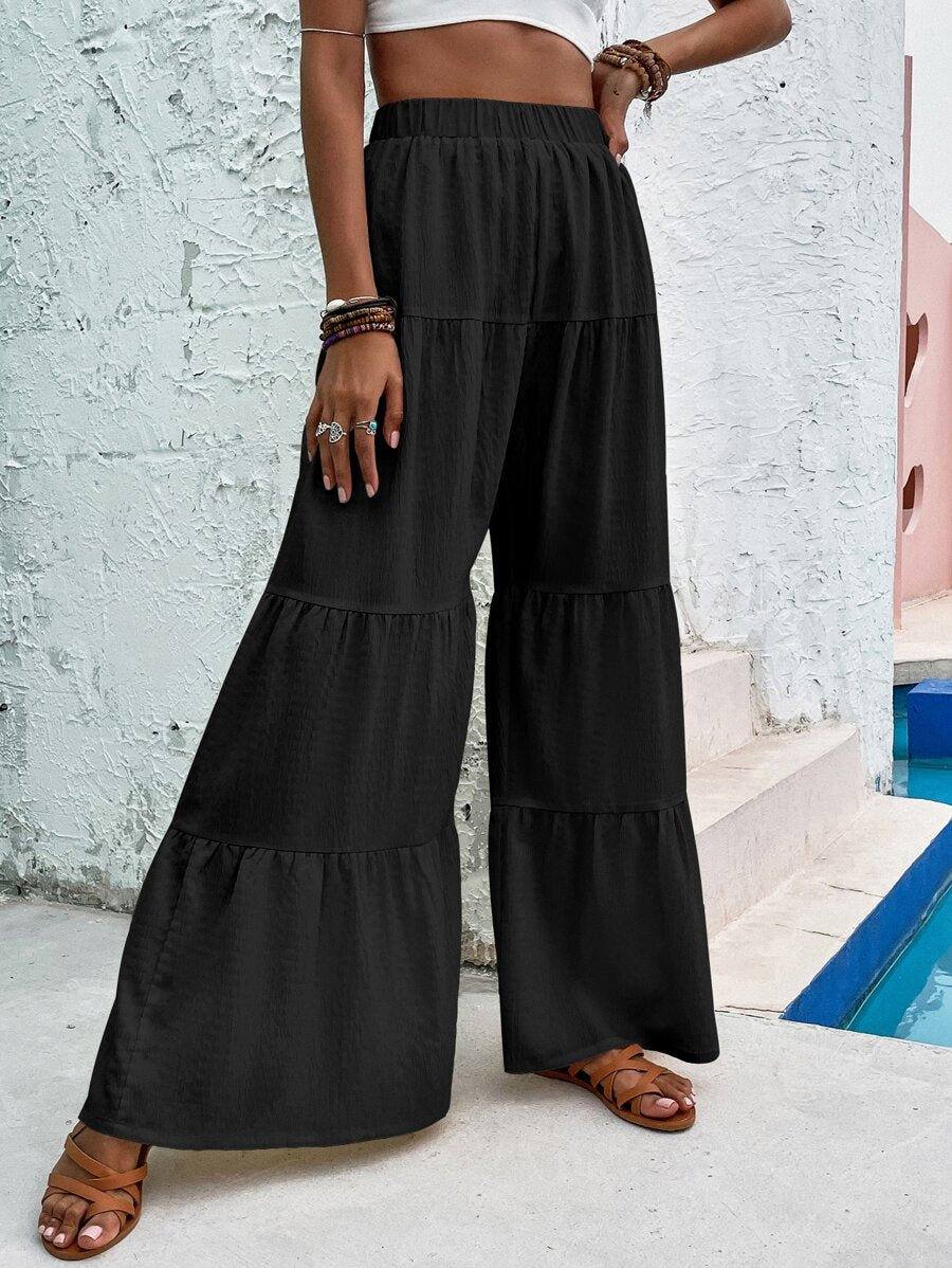 Giselle Tiered Ruffle Hem Elastic Waist Wide Leg Pants - Black