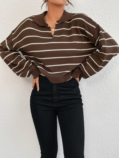 Liora Striped Drop-Shoulder Polo Knit Sweater Fall - Brown view 1