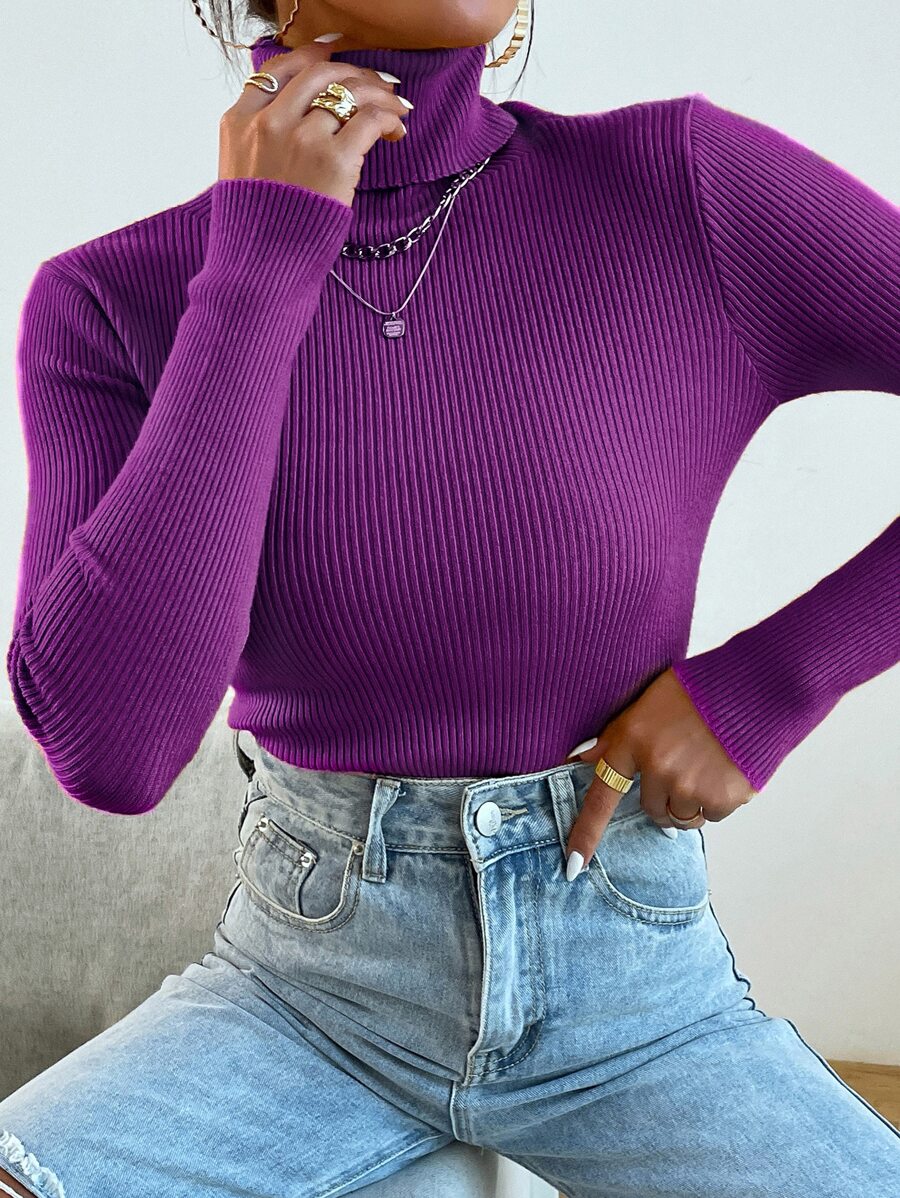 Nicolette Slim Fit Ribbed Knit Turtleneck Long Sleeve Sweater - Hot Pink
