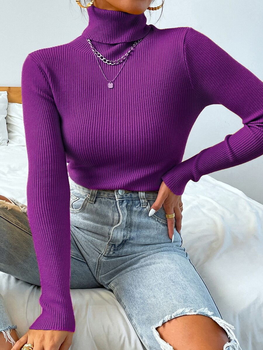 Nicolette Slim Fit Ribbed Knit Turtleneck Long Sleeve Sweater - Purple