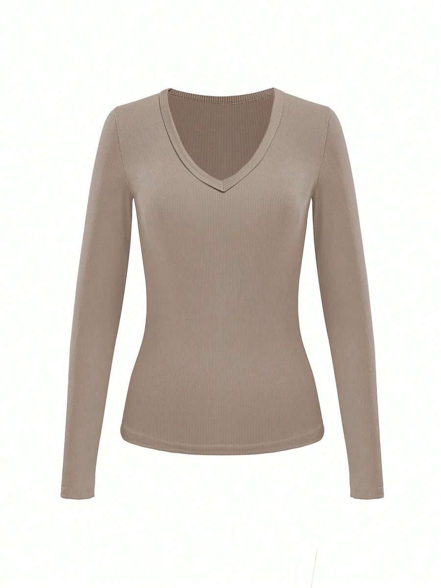 Siena Deep V Neck Ribbed Knit Long Sleeve Fitted Top