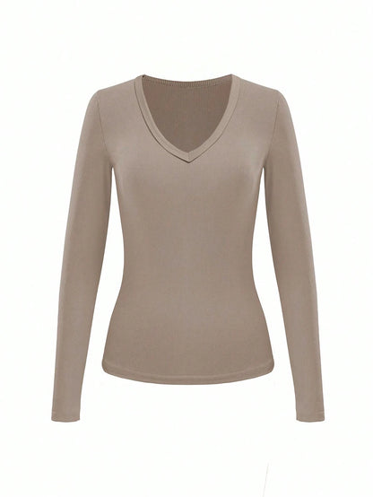 Siena Deep V Neck Ribbed Knit Long Sleeve Fitted Top