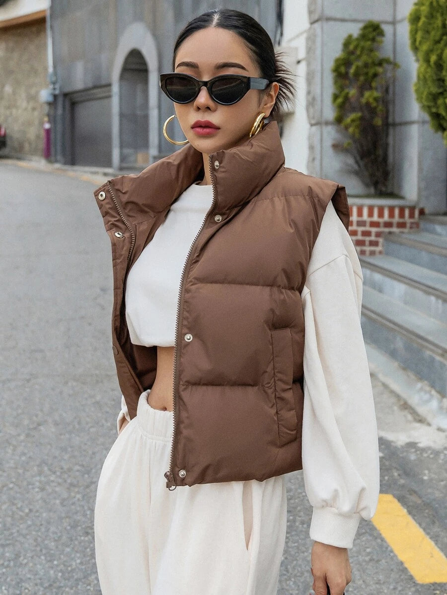 Andermatt Snap Button Zip Up Puffer Vest with Pockets - Coffee Brown