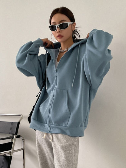 Eleanor Thermal Lined Zip Drawstring Hoodie - Blue