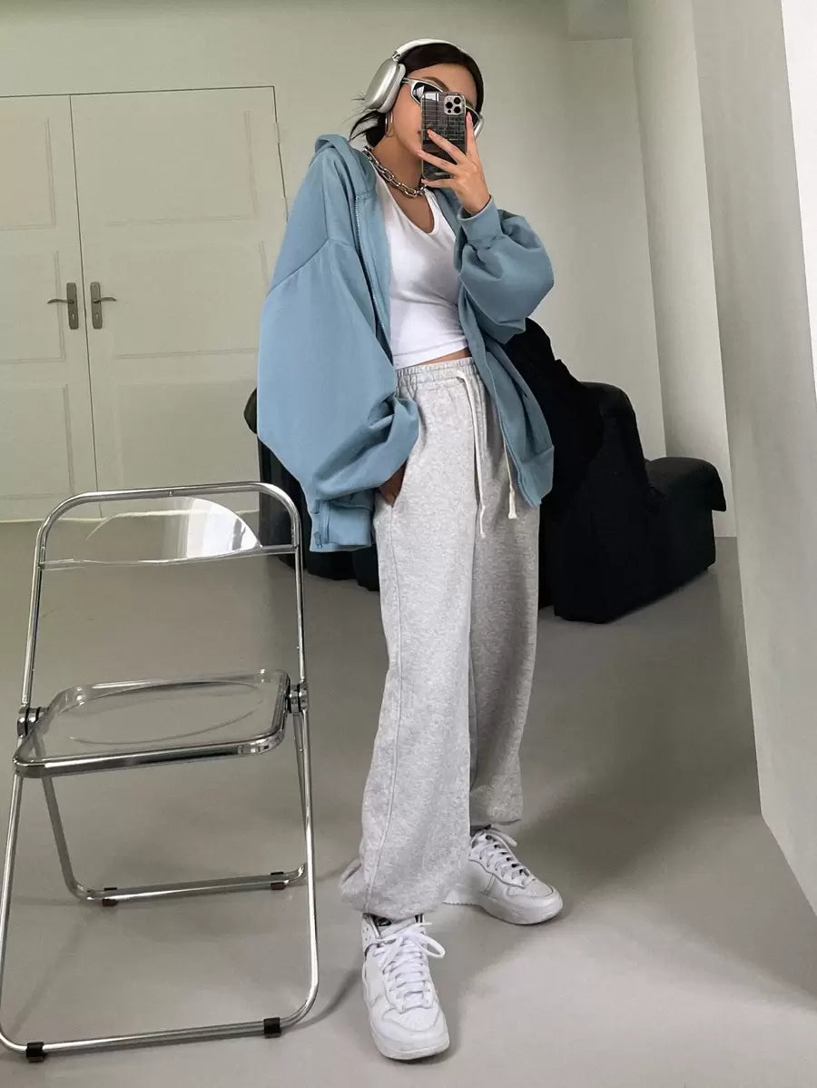 Eleanor Thermal Lined Zip Drawstring Hoodie - Light Grey