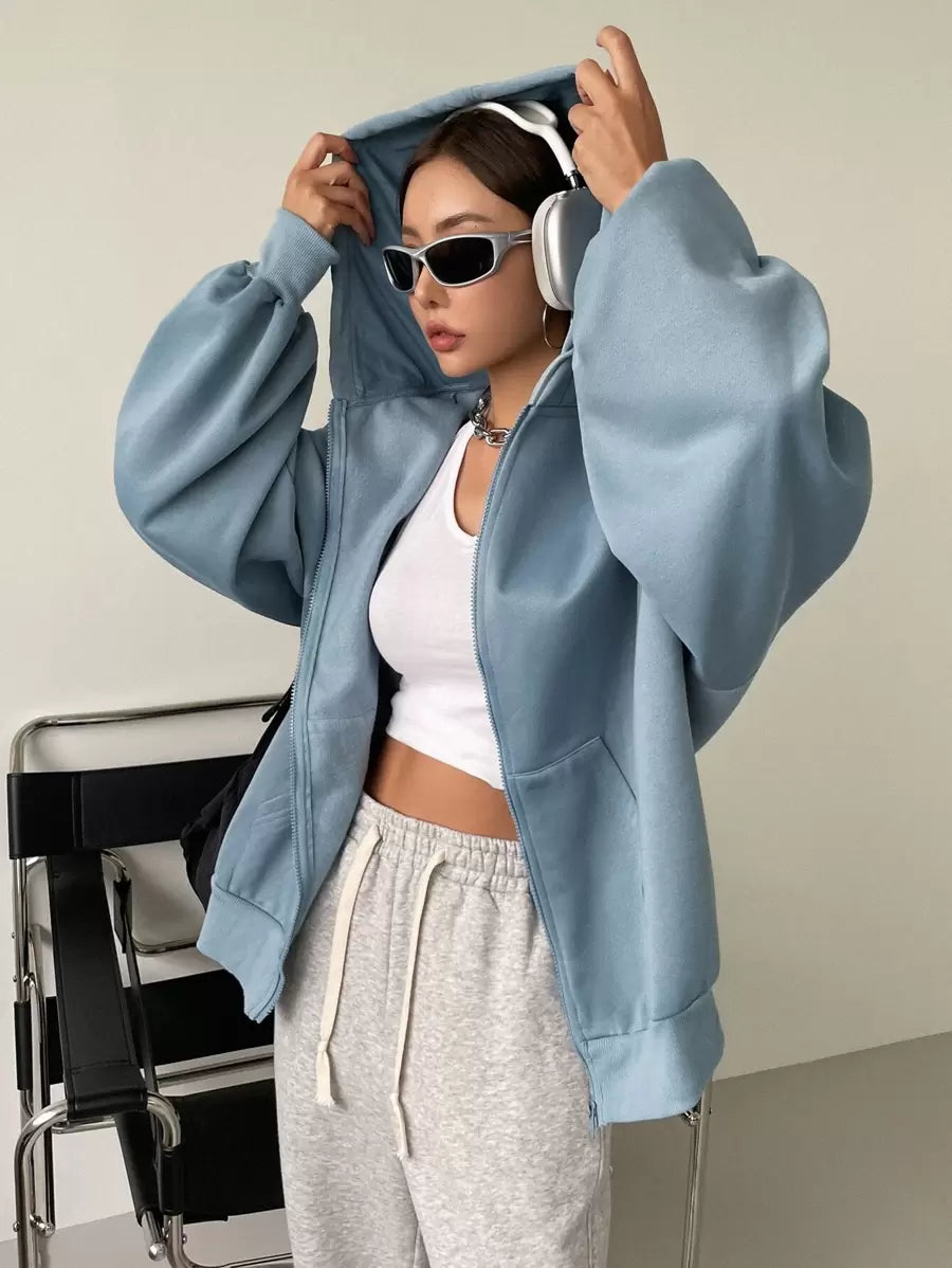 Eleanor Thermal Lined Zip Drawstring Hoodie - Dusty Blue
