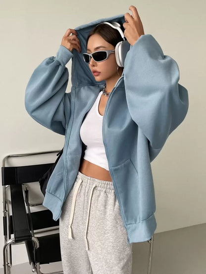 Eleanor Thermal Lined Zip Drawstring Hoodie - Dusty Blue